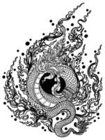 Tattoo art thai dragon hand drawing and sketch black and white vector