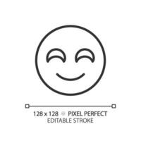 Smiling face pixel perfect linear icon. Positive reaction on product. Happy smile. Satisfied service user. Thin line illustration. Contour symbol. Vector outline drawing. Editable stroke