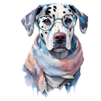 Dalmatiner Hund mit Brille und Schal auf transparent Hintergrund, ai generativ png