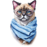 un gato vistiendo lentes y un azul bufanda, ai generativo png
