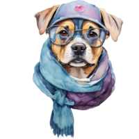 aquarelle chien portant des lunettes et une foulard, ai génératif png