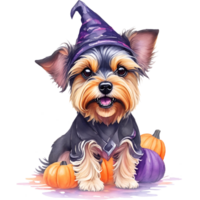 yorkshire terrier puppy in witch hat with pumpkins, AI Generative png