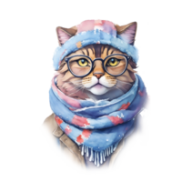 watercolor illustration of a cat wearing a scarf and glasses, AI Generative png