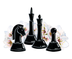 Black king, queen, knight and pawn chess pieces watercolor illustration with white and pink flowers. Hand drawn realistic romantic clipart for game sport designs png