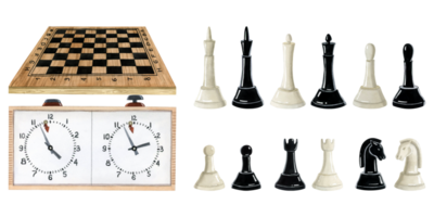 Watercolor chess board, clock and pieces full set of hand drawn realistic illustration. Empty wooden chessboard with figures for intellectual game competition png