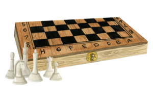 Watercolor wooden chess board box with white figures of king, queen, bishop and knight illustration for intellectual game clubs, quests and quizzes png