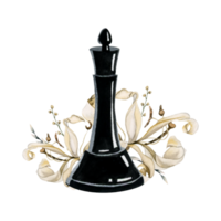 Watercolor black chess queen piece and dry lily flowers romantic illustration. Realistic figures for Chess day and game club png