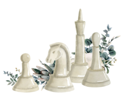 White king, bishop, knight and pawn chess pieces watercolor illustration with green eucalyptus branches. Hand drawn realistic romantic clipart for game sport designs png