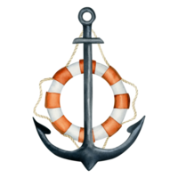 Steel anchor and lifebuoy watercolor illustration for nautical stickers, party decorations, travel and vacation designs png