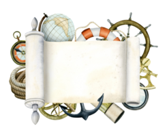 viajando, Navegando e navegação instrumentos com papel rolagem náutico aguarela ilustração com luneta, bússola, globo, sextante, âncora, bóia, direção roda png