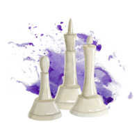 White king, queen and bishop chess pieces on purple watercolor splash illustration. Realistic figures for intellectual board games artistic designs png