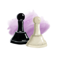 Black and white pawns chess pieces on light purple lavender splash stroke watercolor illustration. Realistic figures for Chess day designs, club advertisement png