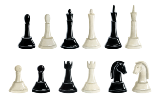 Black and white chess pieces full illustration set. Hand drawn realistic watercolor clipart of king, queen, knight, rook, bishop, pawn for game sport designs png