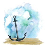 Steel anchor in sea bottom sand surrounded with blue green water watercolor illustration. Simple nautical shipwreck hand drawn clipart png