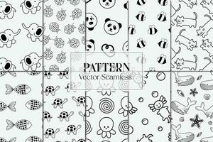 Marine and land animals line shapes seamless repeat pattern set vector