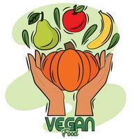 par de manos participación frutas y vegetales vegano comida estilo de vida vector