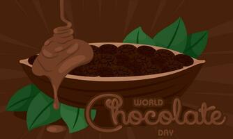 Derretido chocolate en un cuenco con cacao frijoles mundo chocolate día vector