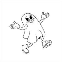 Comic retro cartoon ghost character with happy smile face. Groovy vector illustration in line style.