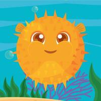 Isolated cute blowfish sea animal character Vector