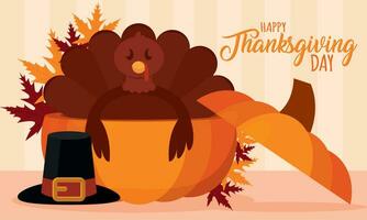 Turkey bird on pumpkin and pilgrim hat Happy thanksgiving day Vector