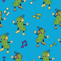 Seamless cute pattern with a dancing pickle in headphones. Vector graphic.