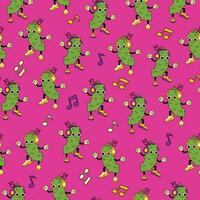 Seamless cute pattern with a dancing pickle in headphones. Vector graphic.