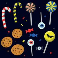 Halloween candy set, treat or misfortune, lollipops, candies, cookies, vector sweets