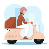 Isolated delivery girl on a motorcycle with a box Vector