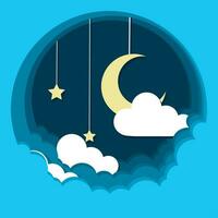 Sky at night with clouds and a moon Paper art style Vector