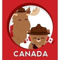 Cute moose and beaver with forest ranger hats and flags of Canada Vector