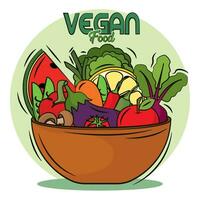 grupo de vegetales y frutas en cuenco vegano comida estilo de vida vector