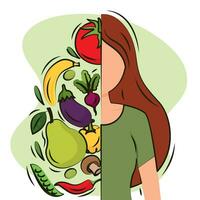 Vegan person lifestyle with a group of fruits and vegetables Vector