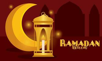 Golden moon with a golden arab lantern Ramadan Kareem Vector