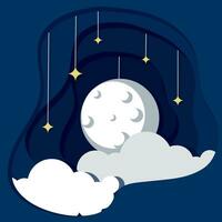 Layered view of the sky at night with clouds and a moon Paper art style Vector