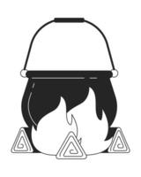 Cauldron on fire flat monochrome isolated vector object. Camping. Editable black and white line art drawing. Simple outline spot illustration for web graphic design