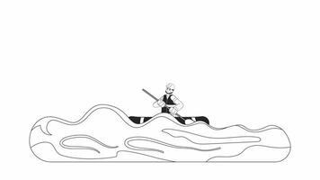 Rowing boat first responder bw cartoon animation. Emergency flood service 4K video motion graphic. Volunteer crossing flooded city street 2D monochrome line animated scene isolated on white background