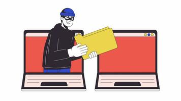 Stealing personal information line 2D animation. Computer crime notebooks 4K video motion graphic. Cyber fraudulent thieving folder from laptop linear animated cartoon flat concept, white background