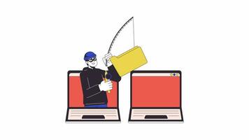 Phishing scam line 2D animation. Wire fraud with fishing rod catching computer folder 4K video motion graphic. Cyber attack. Email danger linear animated cartoon flat concept, white background