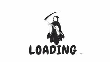 Grim reaper holding scythe black and white loading animation. Floating Halloween death outline 2D cartoon character 4K video loader motion graphic. Helloween hooded monster flying waiting animated gif