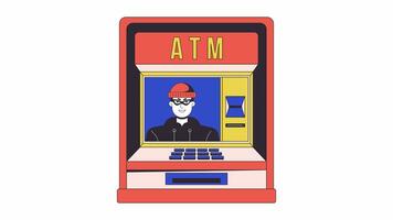 ATM fraud line 2D animation. Hacker money withdraw 4K video motion graphic. Skimming cyber crime. Financial scam. Atm thief hacking terminal linear animated cartoon flat concept, white background