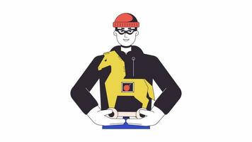 malicioso ciber delincuente con troyano caballo virus línea 2d animación. computadora loco 4k vídeo movimiento gráfico. spyware penetración. hacker ataque lineal animado dibujos animados plano concepto, blanco antecedentes video