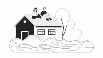 People trapped by floodwater on roof bw cartoon animation. Heavy rains disaster 4K video motion graphic. Water damage house survival 2D monochrome line animated scene isolated on white background