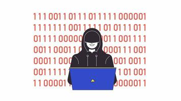 Cyber attacker typing on laptop line 2D animation. Fraudulent hacker spying on internet 4K video motion graphic. IT protection. Network security linear animated cartoon flat concept, white background