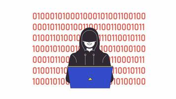 Hacker binary code line 2D animation. Coding security 4K video motion graphic. Online investigation. Malware detection. Dark web user, hacktivist linear animated cartoon flat concept, white background