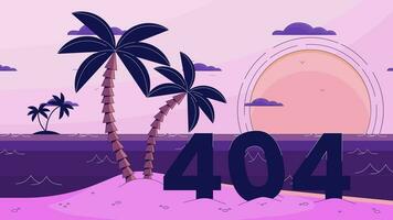 Beach palms sunset 404 error animation. Moving clouds, waves error message gif, motion graphic. Tropical shore. Summer horizon animated cartoon line landscape 4K video isolated on white background