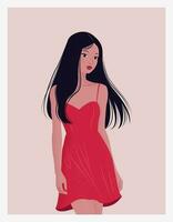 Vector vertical poster. Cute illustration of Asian woman in red dress. long straight black hair. Postcard for the holiday of woman or girl. Web poster, banner, cover.