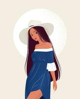 Vector vertical poster. Cute illustration of a woman in blue dress and hat. long straight black hair. Postcard for the holiday of woman or girl. Web poster, banner, cover.