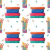 Seamless pattern of school stationery in holder and books. Back to school and education concept. Background for design wrapping, textile, wallpaper, social media, print, ad. Repeating vector