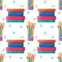 Seamless pattern of school stationery in holder and books. Back to school and education concept. Background for design wrapping, textile, wallpaper, social media, print, ad. Repeating vector