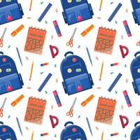 Seamless pattern of backpack with different stationery. Back to school and education concept. Background for design wrapping, textile, wallpaper, social media, print vector